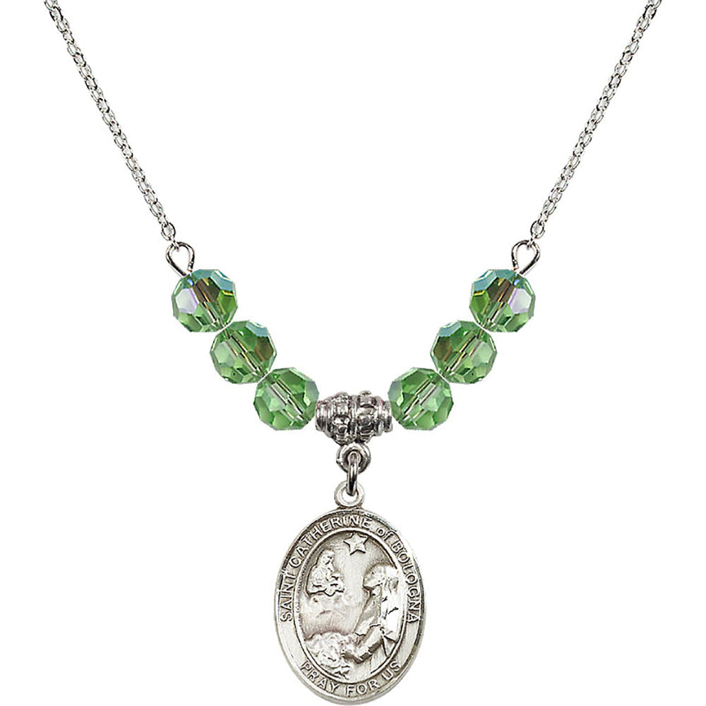 Sterling Silver Saint Catherine of Bologna Birthstone Necklace with Peridot Beads - 8354