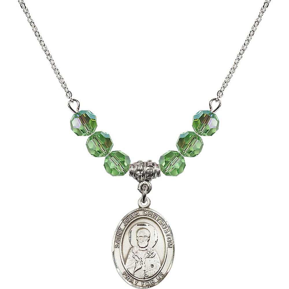 Sterling Silver Saint John Chrysostom Birthstone Necklace with Peridot Beads - 8357