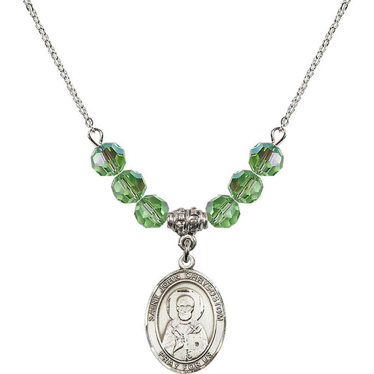 Sterling Silver Saint John Chrysostom Birthstone Necklace with Peridot Beads - 8357