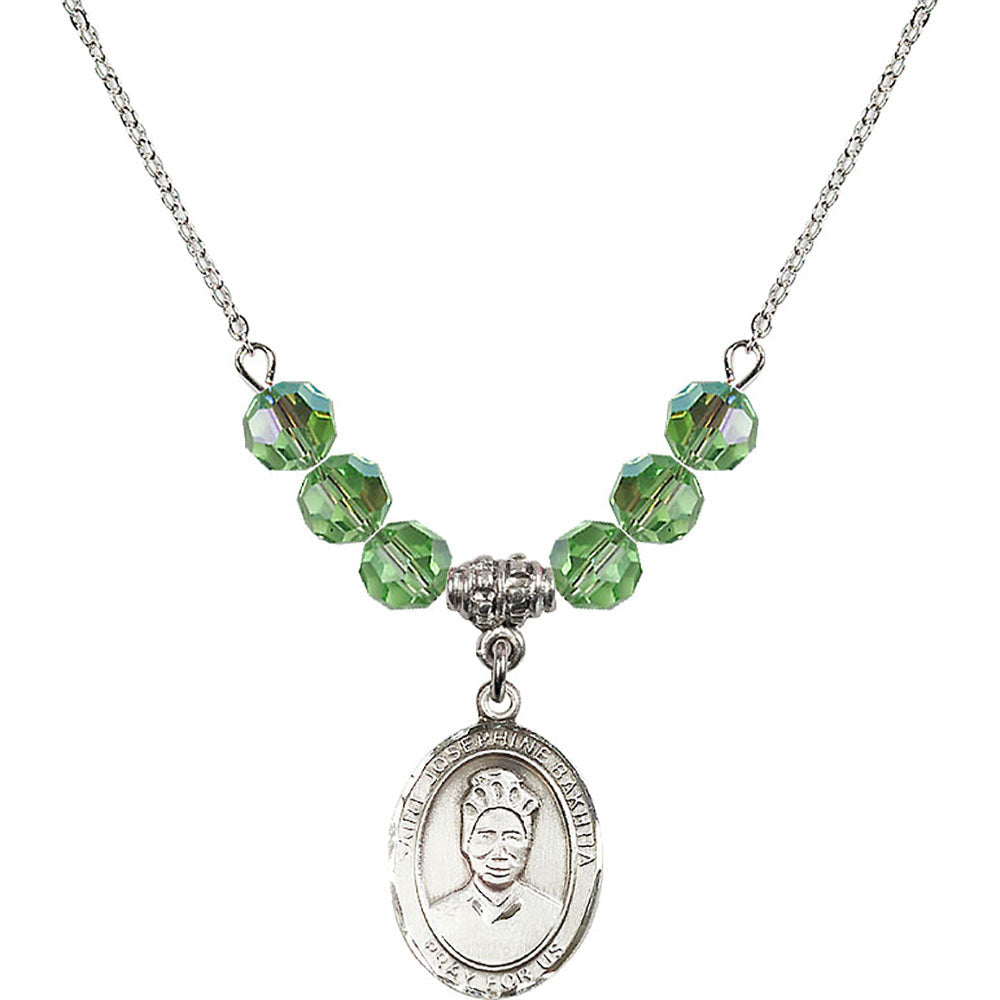 Sterling Silver Saint Josephine Bakhita Birthstone Necklace with Peridot Beads - 8360