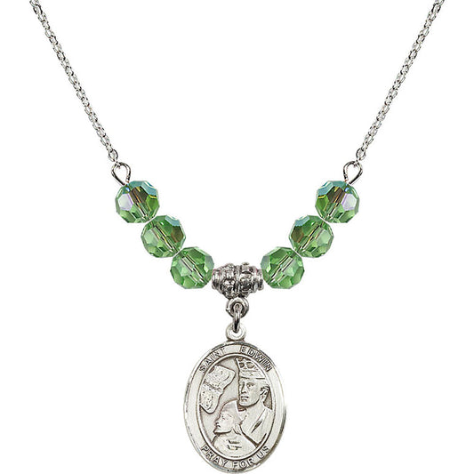 Sterling Silver Saint Edwin Birthstone Necklace with Peridot Beads - 8361