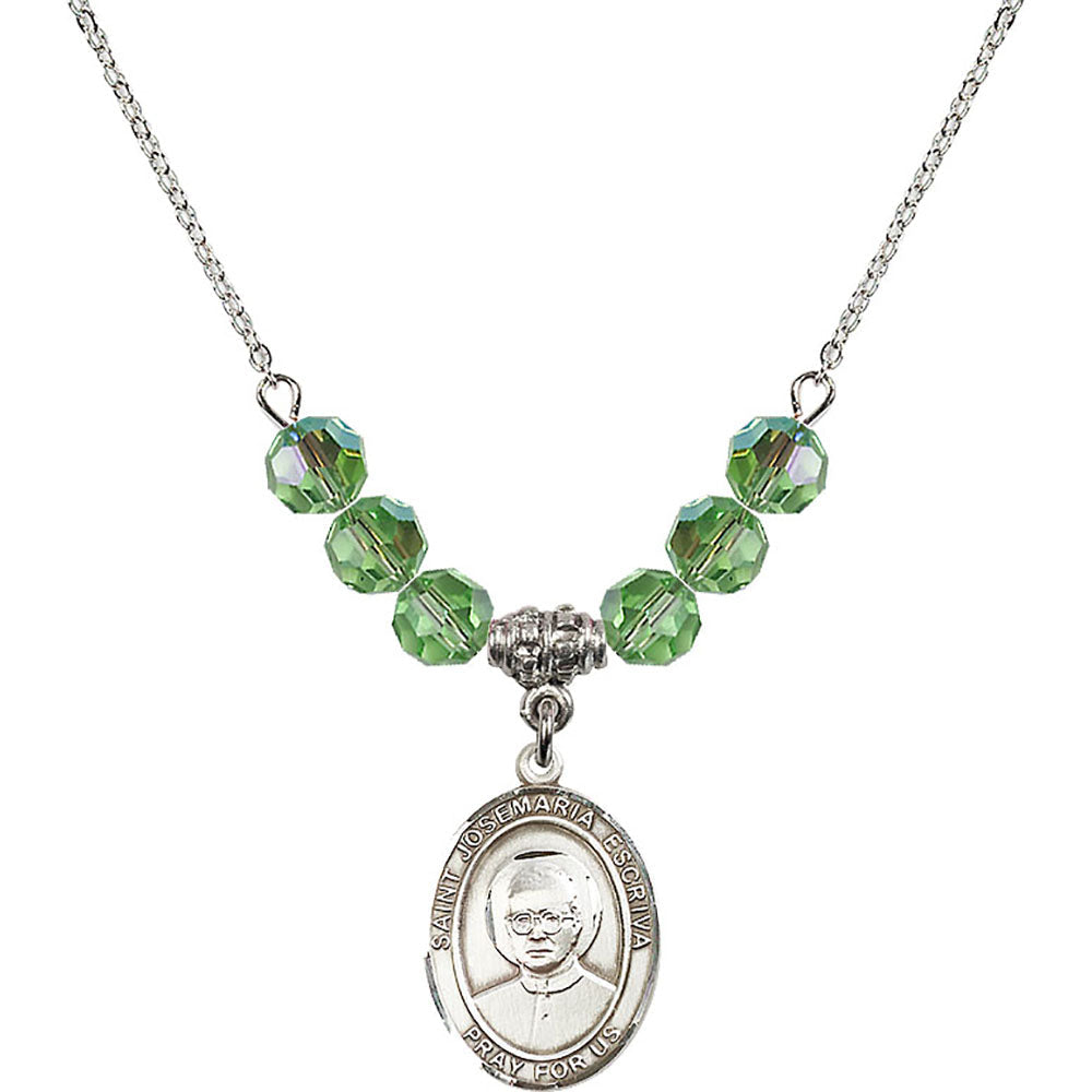 Sterling Silver Saint Josemaria Escriva Birthstone Necklace with Peridot Beads - 8362