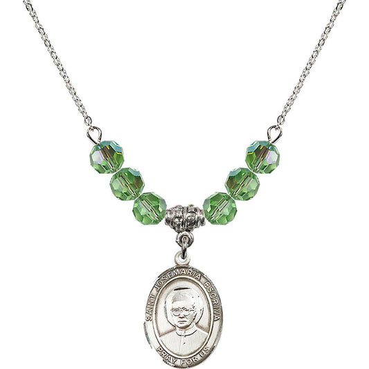 Sterling Silver Saint Josemaria Escriva Birthstone Necklace with Peridot Beads - 8362