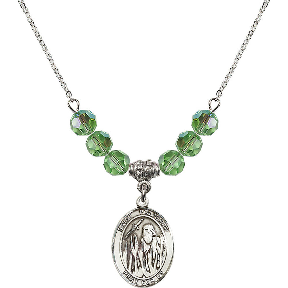Sterling Silver Saint Polycarp of Smyrna Birthstone Necklace with Peridot Beads - 8363