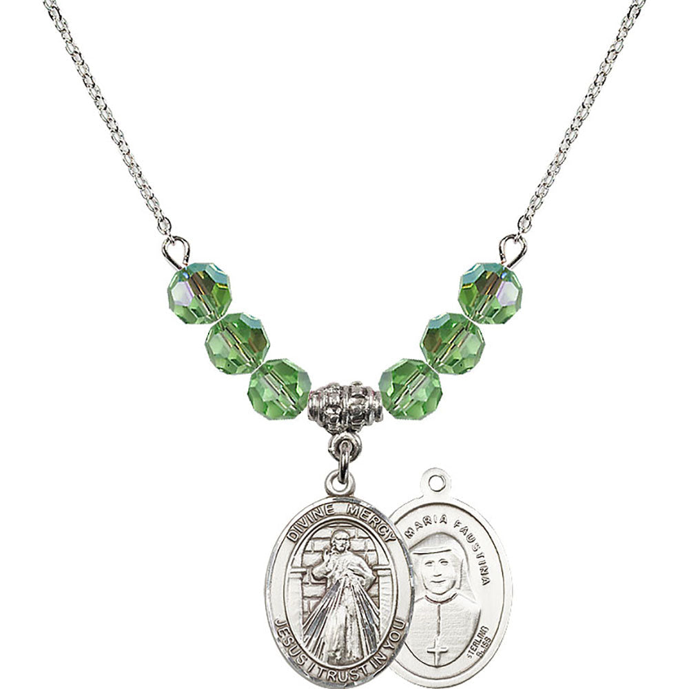 Sterling Silver Divine Mercy Birthstone Necklace with Peridot Beads - 8366