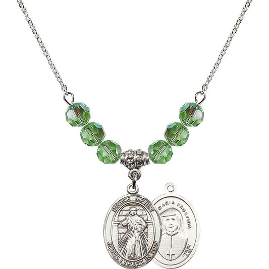 Sterling Silver Divine Mercy Birthstone Necklace with Peridot Beads - 8366
