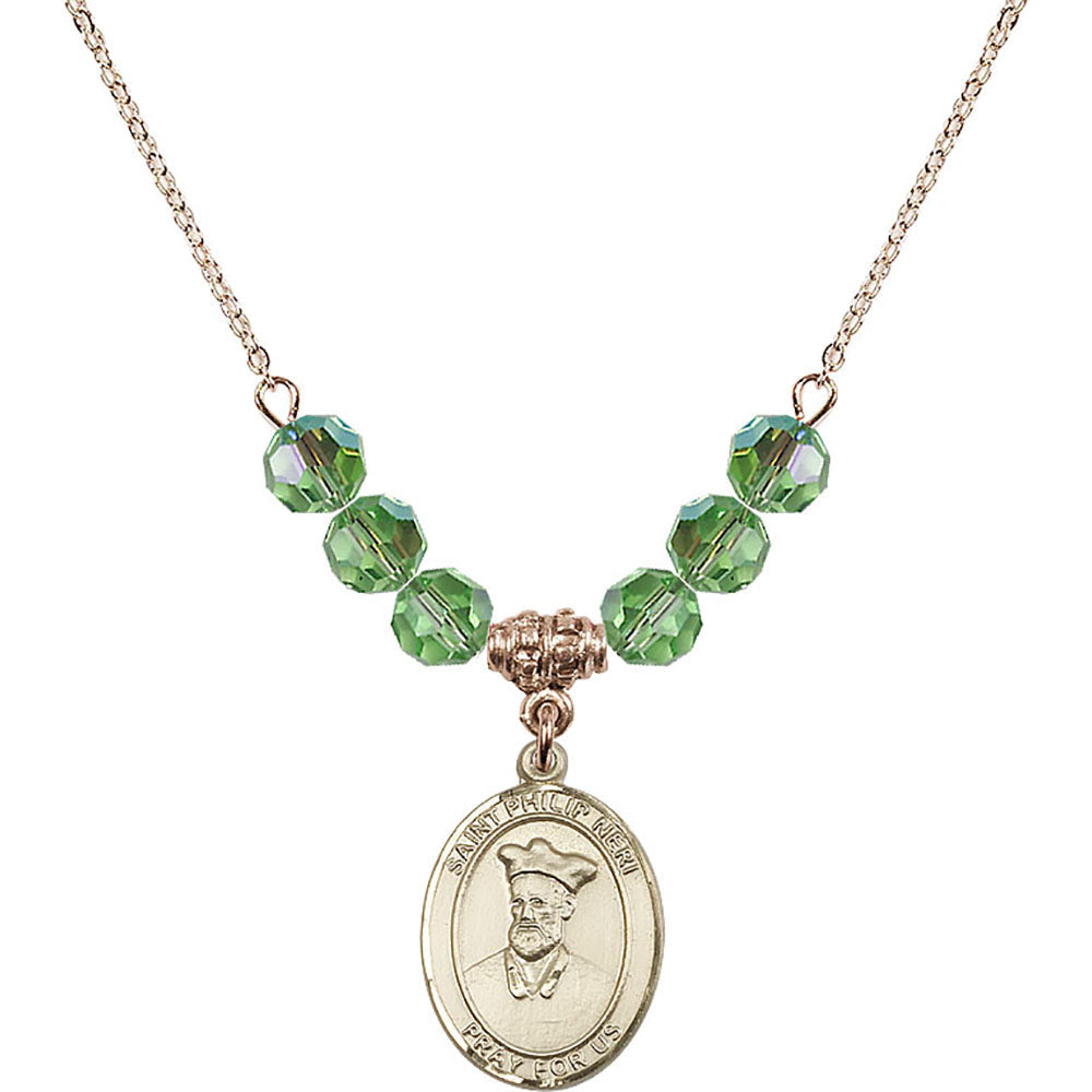 14kt Gold Filled Saint Philip Neri Birthstone Necklace with Peridot Beads - 8369
