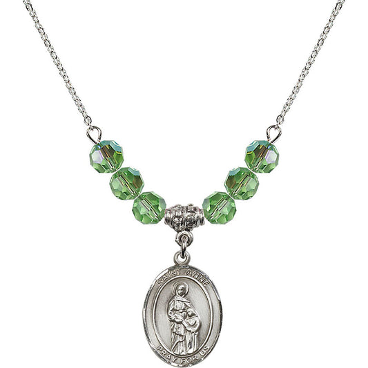 Sterling Silver Saint Anne Birthstone Necklace with Peridot Beads - 8374