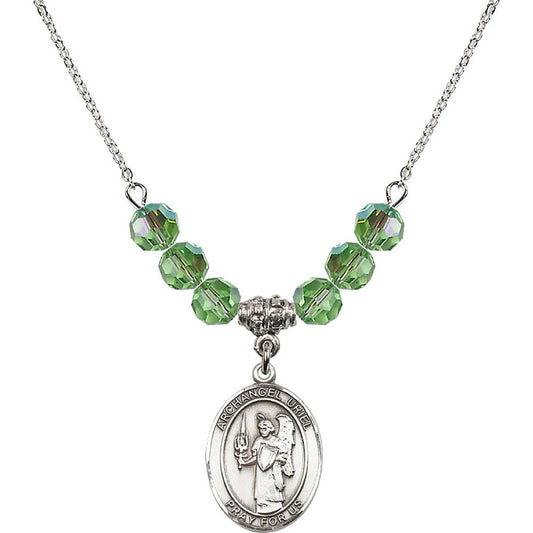 Sterling Silver Saint Uriel the Archangel Birthstone Necklace with Peridot Beads - 8378