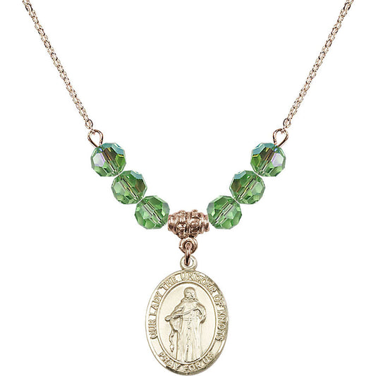 14kt Gold Filled Our Lady the Undoer of Knots Birthstone Necklace with Peridot Beads - 8383