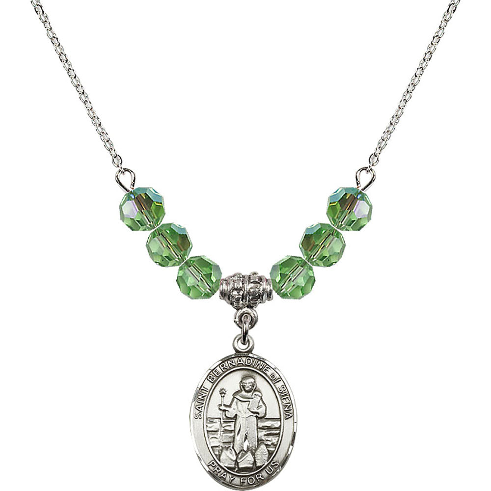 Sterling Silver Saint Bernadine of Sienna Birthstone Necklace with Peridot Beads - 8387