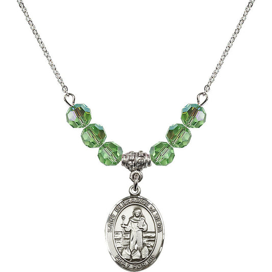 Sterling Silver Saint Bernadine of Sienna Birthstone Necklace with Peridot Beads - 8387