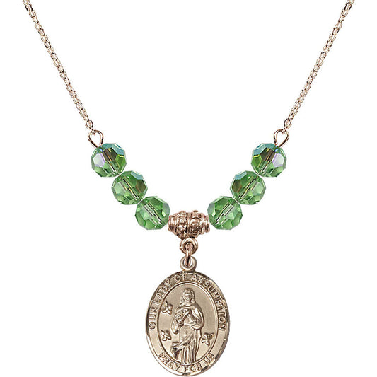 14kt Gold Filled Our Lady of Assumption Birthstone Necklace with Peridot Beads - 8388