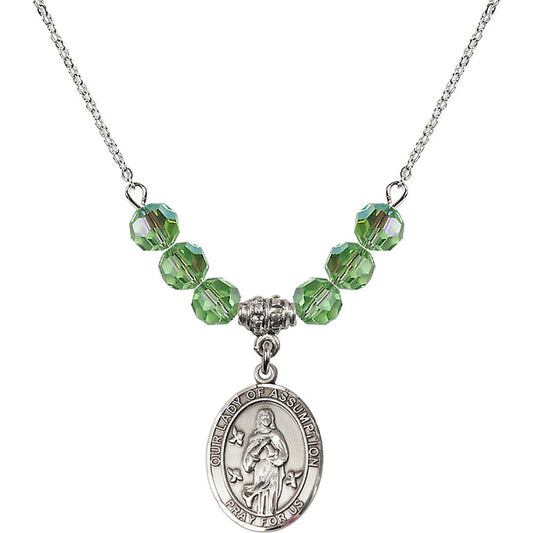 Sterling Silver Our Lady of Assumption Birthstone Necklace with Peridot Beads - 8388
