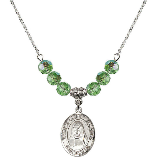 Sterling Silver Saint Pauline Visintainer Birthstone Necklace with Peridot Beads - 8391