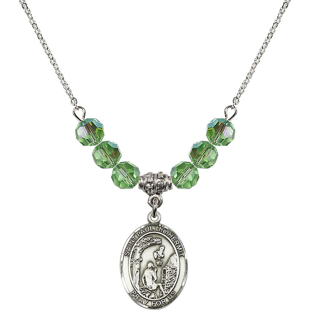 Sterling Silver Saint Paul the Hermit Birthstone Necklace with Peridot Beads - 8394