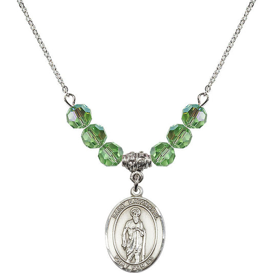 Sterling Silver Saint Nathanael Birthstone Necklace with Peridot Beads - 8398