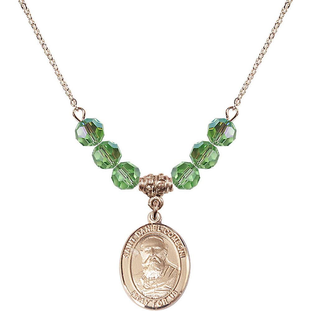14kt Gold Filled Saint Daniel Comboni Birthstone Necklace with Peridot Beads - 8400
