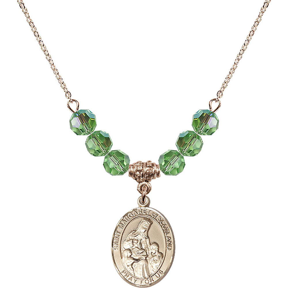 14kt Gold Filled Saint Margaret of Scotland Birthstone Necklace with Peridot Beads - 8407