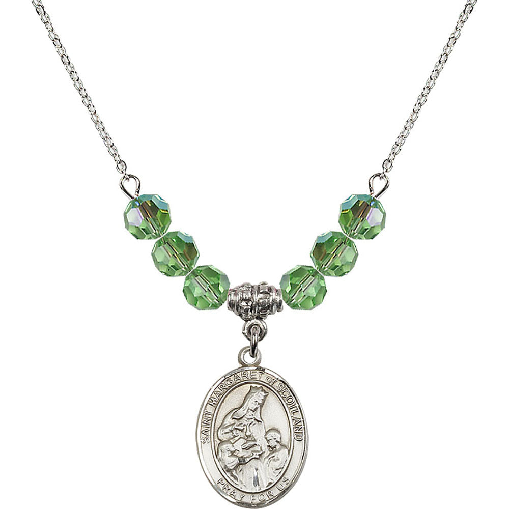 Sterling Silver Saint Margaret of Scotland Birthstone Necklace with Peridot Beads - 8407