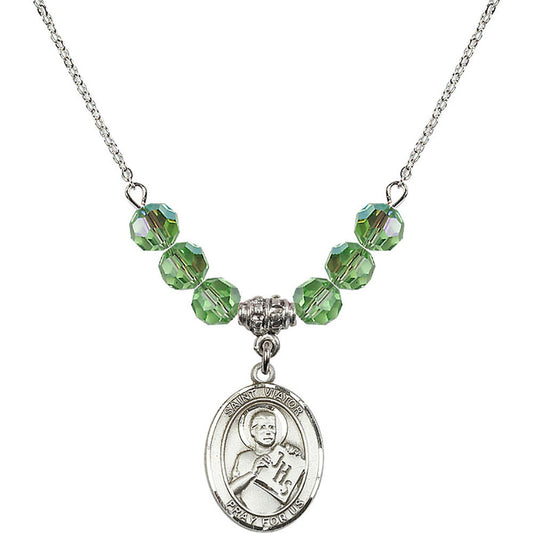 Sterling Silver Saint Viator of Bergamo Birthstone Necklace with Peridot Beads - 8408