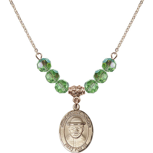 14kt Gold Filled Saint Damien of Molokai Birthstone Necklace with Peridot Beads - 8412