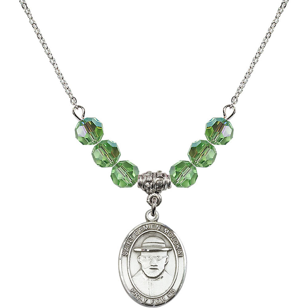 Sterling Silver Saint Damien of Molokai Birthstone Necklace with Peridot Beads - 8412