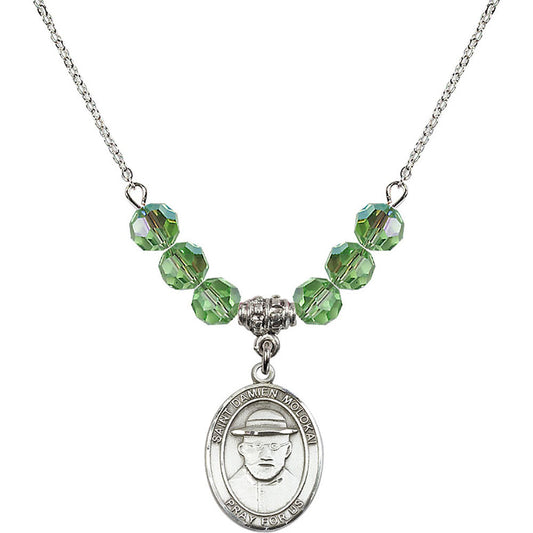 Sterling Silver Saint Damien of Molokai Birthstone Necklace with Peridot Beads - 8412