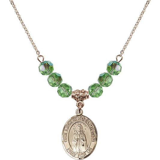 14kt Gold Filled Our Lady of Rosa Mystica Birthstone Necklace with Peridot Beads - 8413