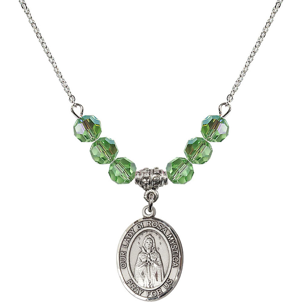 Sterling Silver Our Lady of Rosa Mystica Birthstone Necklace with Peridot Beads - 8413