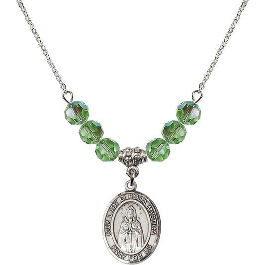 Sterling Silver Our Lady of Rosa Mystica Birthstone Necklace with Peridot Beads - 8413