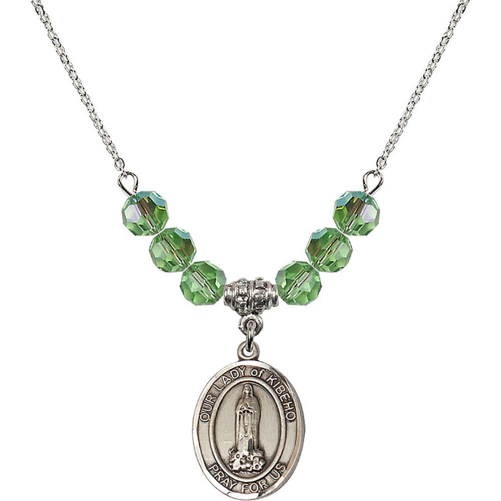 Sterling Silver Our Lady of Kibeho Birthstone Necklace with Peridot Beads - 8414