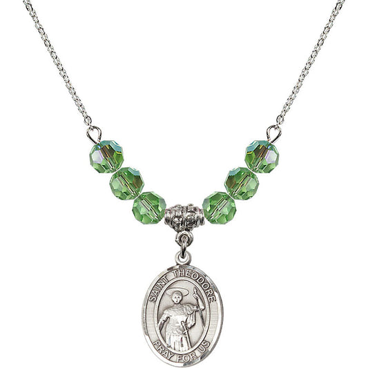 Sterling Silver Saint Theodore Stratelates Birthstone Necklace with Peridot Beads - 8415