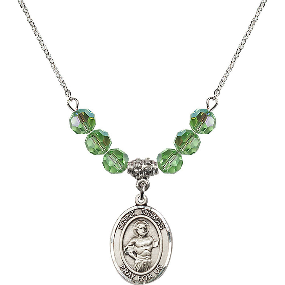 Sterling Silver Saint Dismas Birthstone Necklace with Peridot Beads - 8418