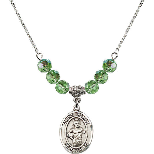 Sterling Silver Saint Dismas Birthstone Necklace with Peridot Beads - 8418