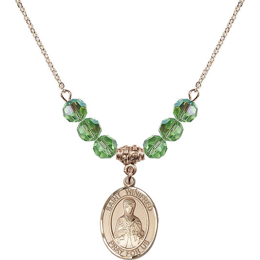14kt Gold Filled Saint Winifred of Wales Birthstone Necklace with Peridot Beads - 8419