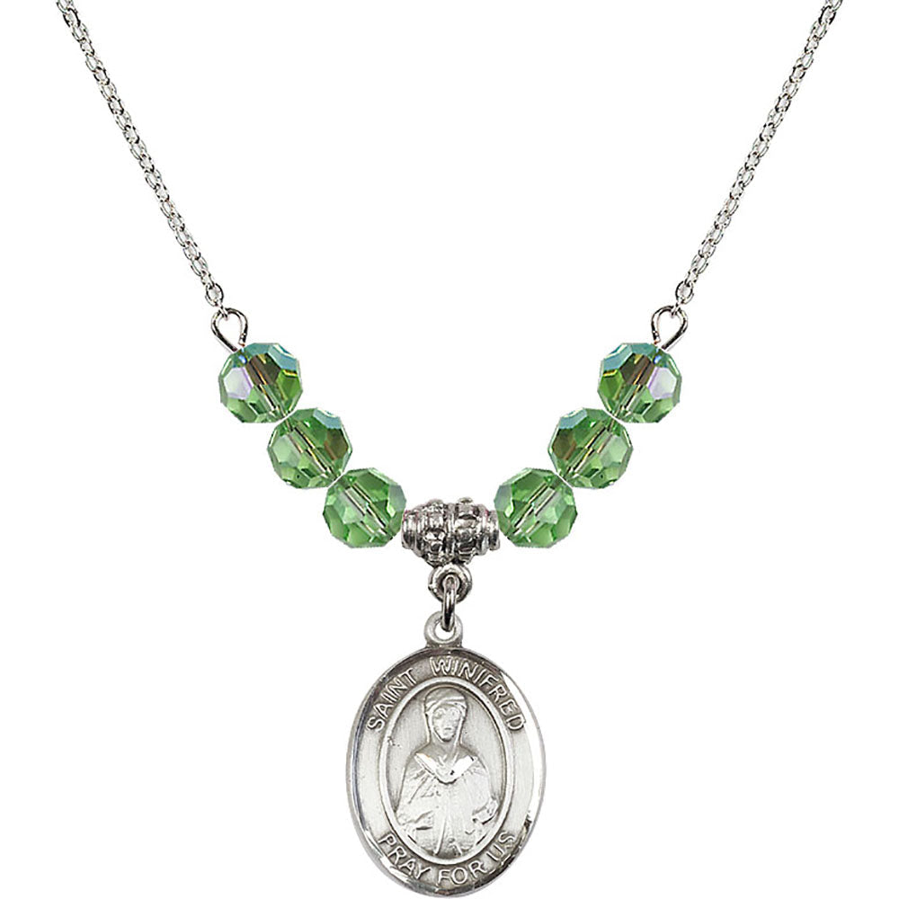 Sterling Silver Saint Winifred of Wales Birthstone Necklace with Peridot Beads - 8419