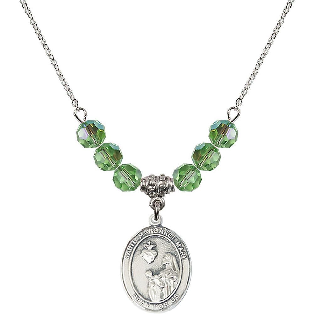 Sterling Silver Saint Margaret Mary Alacoque Birthstone Necklace with Peridot Beads - 8420
