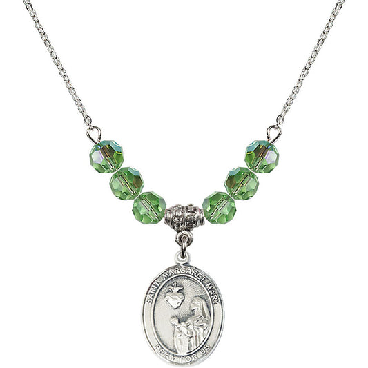 Sterling Silver Saint Margaret Mary Alacoque Birthstone Necklace with Peridot Beads - 8420