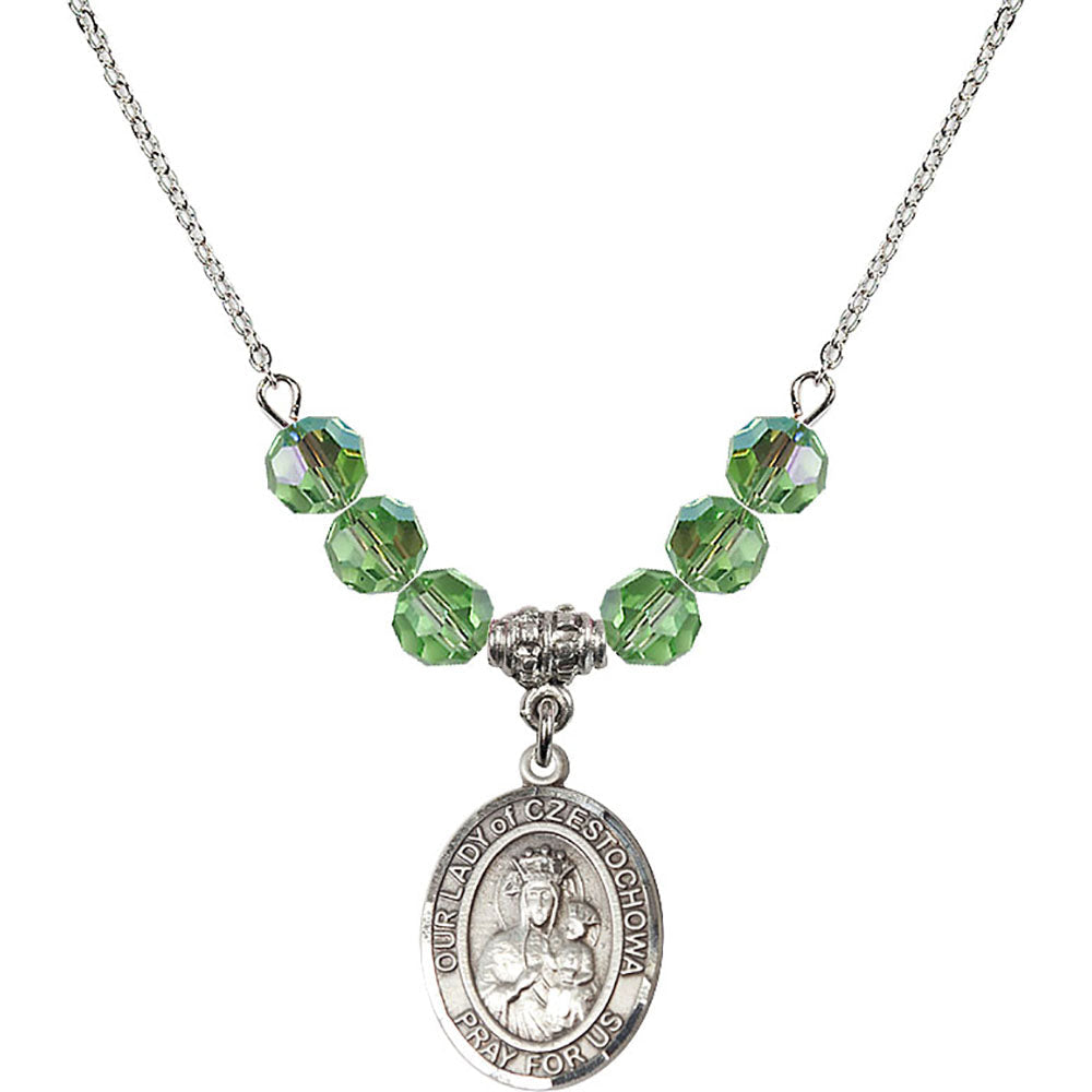 Sterling Silver Our Lady of Czestochowa Birthstone Necklace with Peridot Beads - 8421