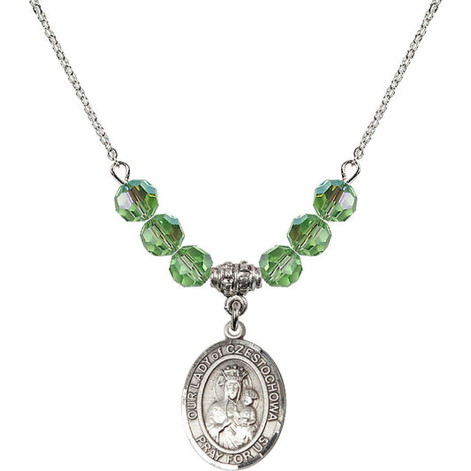 Sterling Silver Our Lady of Czestochowa Birthstone Necklace with Peridot Beads - 8421