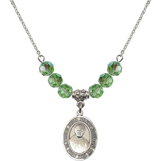 Sterling Silver Blessed John Henry Newman Birthstone Necklace with Peridot Beads - 8423