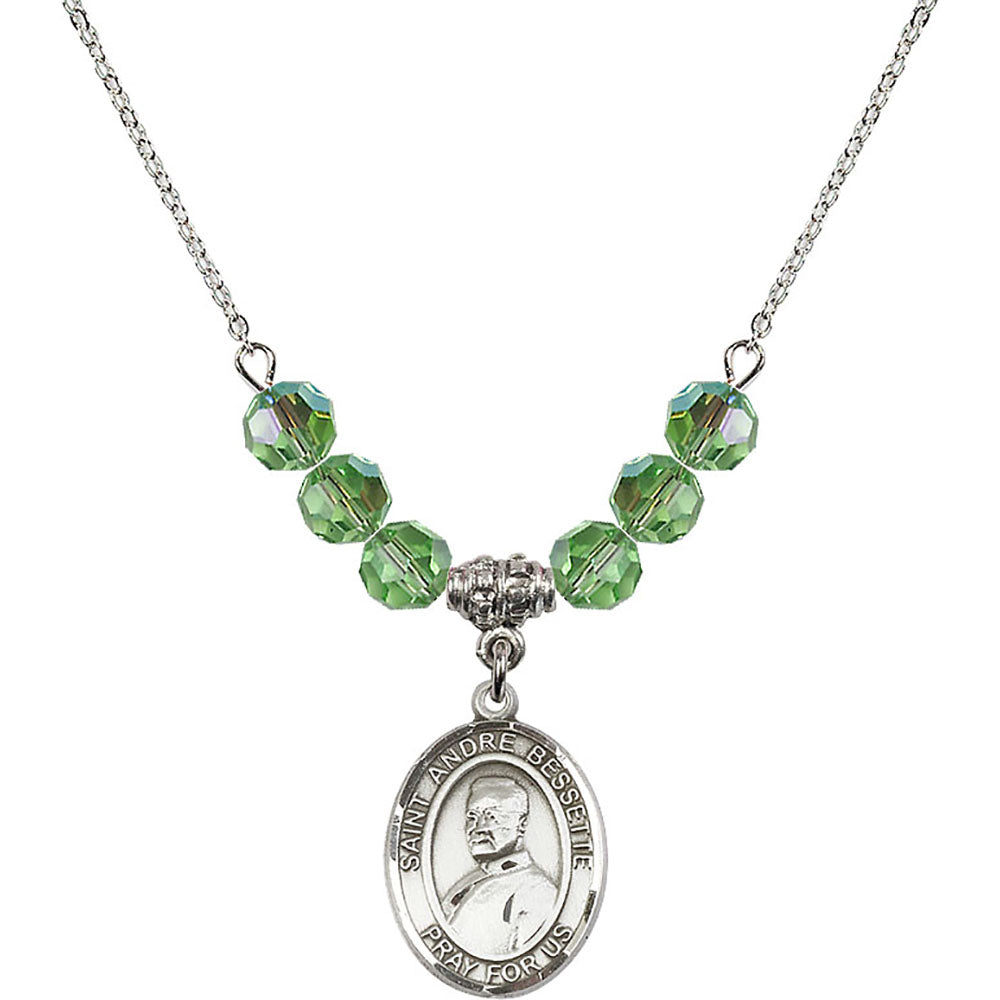 Sterling Silver Saint Andre Bessette Birthstone Necklace with Peridot Beads - 8424
