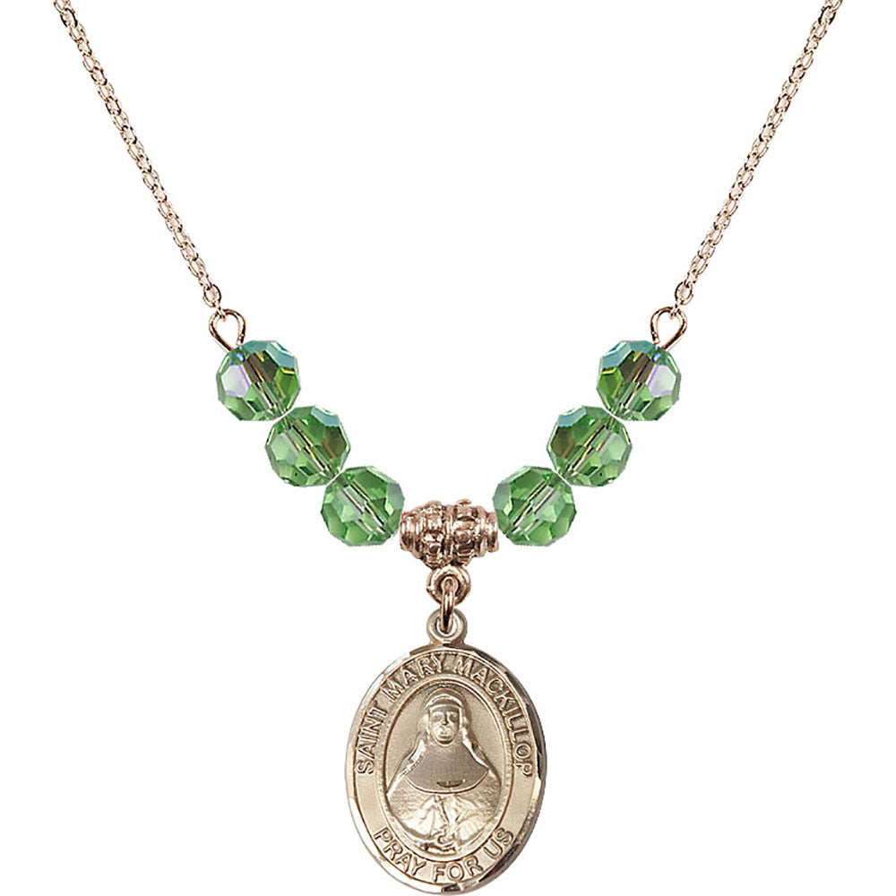 14kt Gold Filled Saint Mary Mackillop Birthstone Necklace with Peridot Beads - 8425