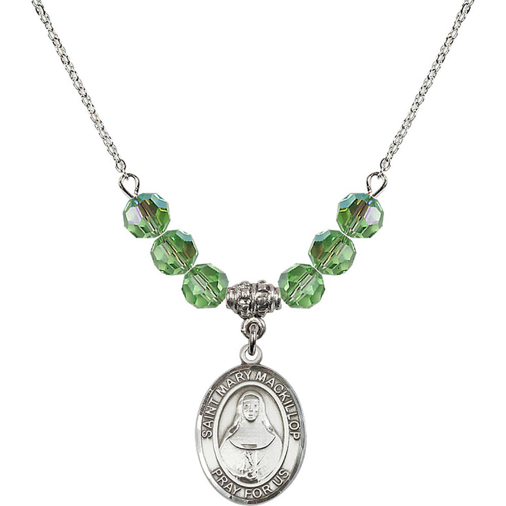 Sterling Silver Saint Mary Mackillop Birthstone Necklace with Peridot Beads - 8425