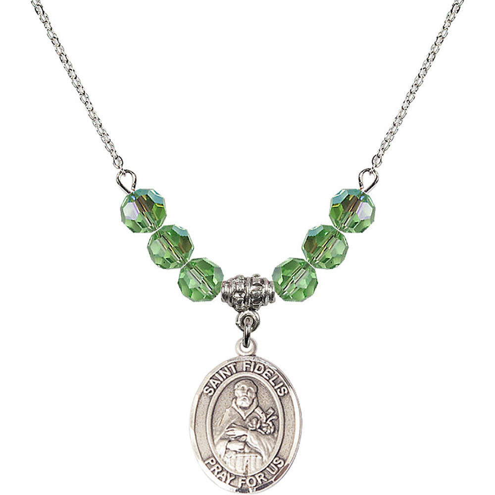 Sterling Silver Saint Fidelis Birthstone Necklace with Peridot Beads - 8426