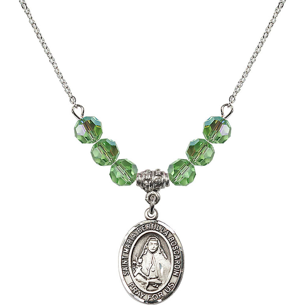 Sterling Silver Saint Maria Bertilla Boscardin Birthstone Necklace with Peridot Beads - 8428