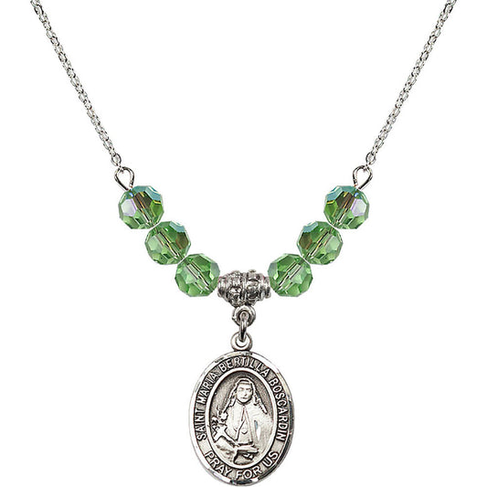 Sterling Silver Saint Maria Bertilla Boscardin Birthstone Necklace with Peridot Beads - 8428