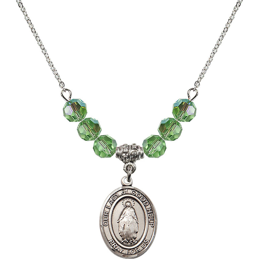 Sterling Silver Our Lady Of Good Help Birthstone Necklace with Peridot Beads - 8431