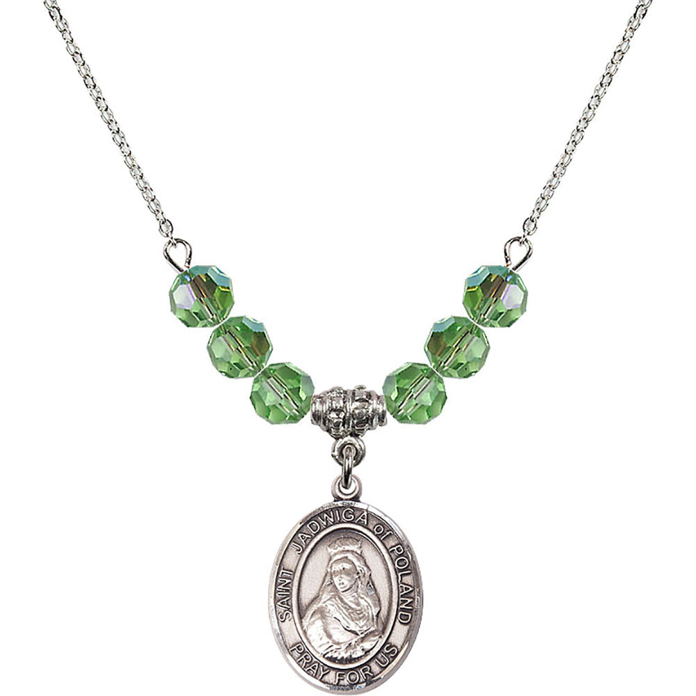Sterling Silver Saint Jadwiga of Poland Birthstone Necklace with Peridot Beads - 8434